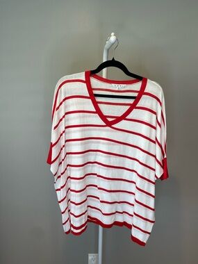 CAbi Red and White Striped V-Neck Top